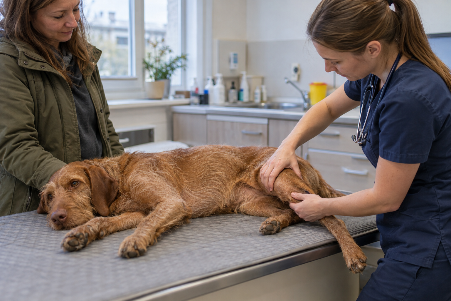 Veterinár vyšetruje pohyblivosť končatiny pokojného psa